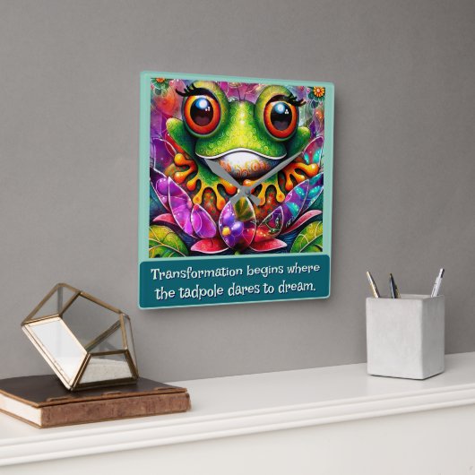 Frog Whimsical Abstract Art Floral Personalized スクエア壁時計 (オフィス)
