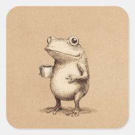 Frog with Coffee – Whimsical Vintage Animal スクエアシール