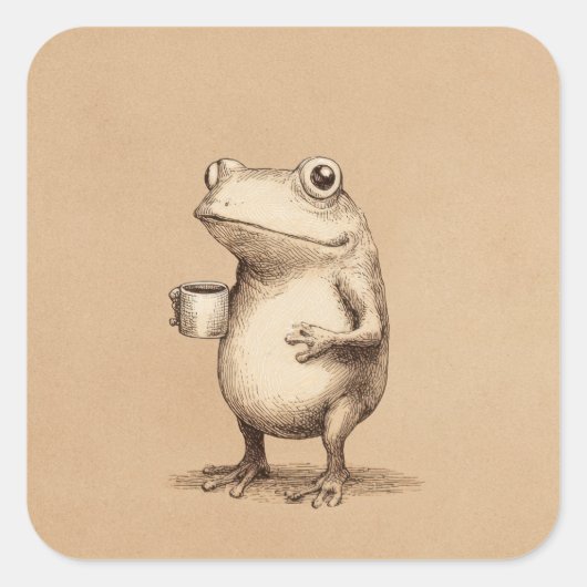 Frog with Coffee – Whimsical Vintage Animal スクエアシール (正面)
