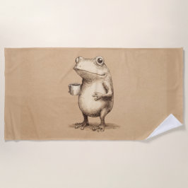 Frog with Coffee – Whimsical Vintage Animal ビーチタオル