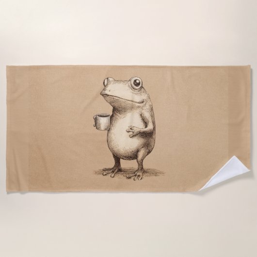 Frog with Coffee – Whimsical Vintage Animal ビーチタオル (正面)