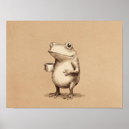 Frog with Coffee – Whimsical Vintage Animal ポスター