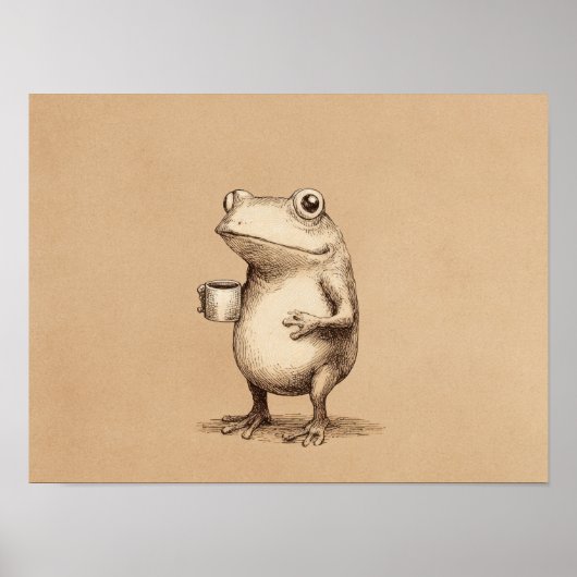 Frog with Coffee – Whimsical Vintage Animal ポスター (正面)