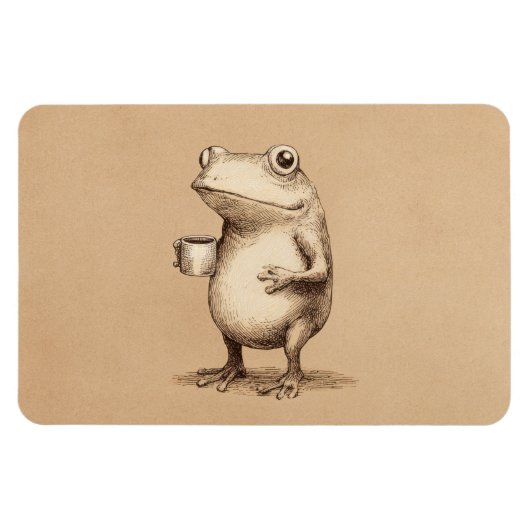 Frog with Coffee – Whimsical Vintage Animal マグネット (横)
