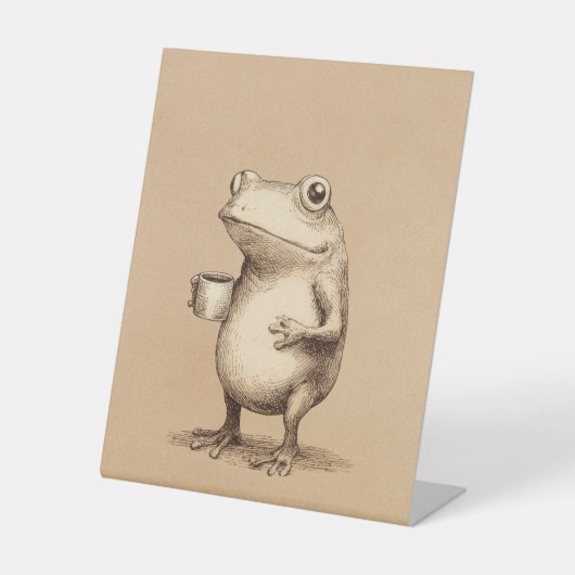 Frog with Coffee – Whimsical Vintage Animal 台座サイン (正面)