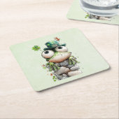 Frog with Green Hat and Shamrock Cute スクエアペーパーコースター (アングル)