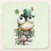 Frog with Green Hat and Shamrock Cute スクエアペーパーコースター (正面)