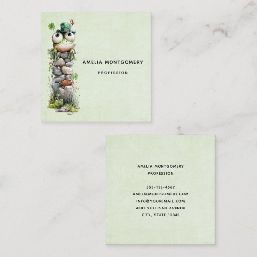 Frog with Green Hat and Shamrock Cute スクエア名刺 (正面/裏面)