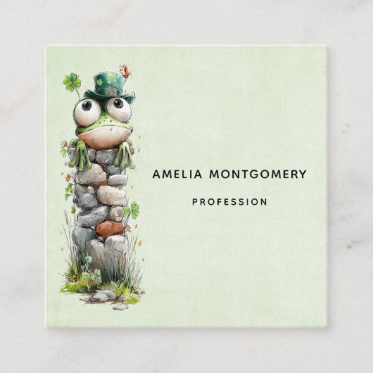 Frog with Green Hat and Shamrock Cute スクエア名刺 (正面)