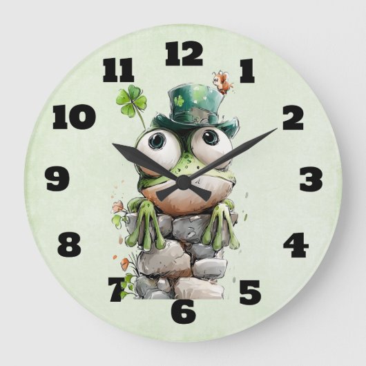 Frog with Green Hat and Shamrock Cute ラージ壁時計 (正面)