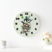 Frog with Green Hat and Shamrock Cute ラージ壁時計 (ホーム)