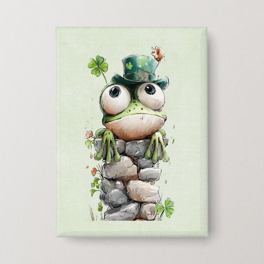 Frog with Green Hat and Shamrock Cute 缶バッジ (正面)