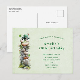 Frog with Green Hat and Shamrock Cute Birthday インビテーションポストカード