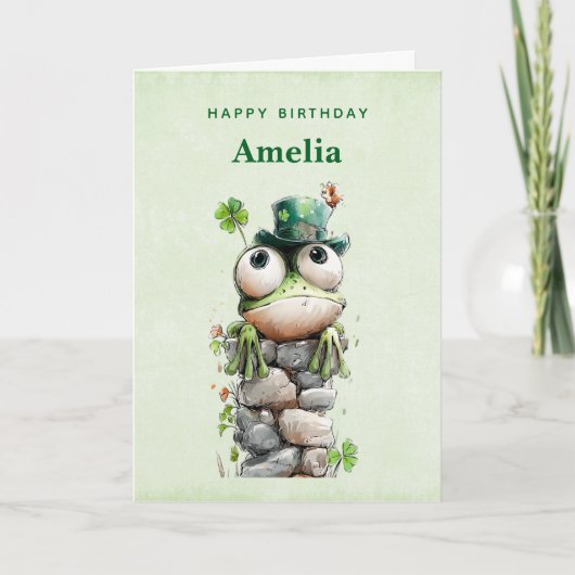 Frog with Green Hat and Shamrock Cute Birthday カード (正面)