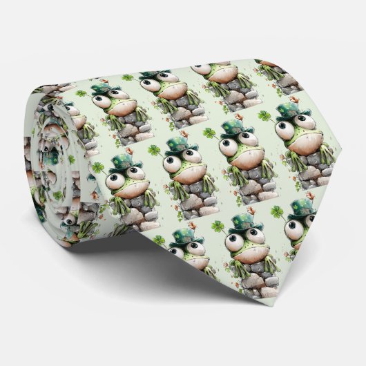 Frog with Green Hat and Shamrock Cute Pattern ネクタイ (ロール)