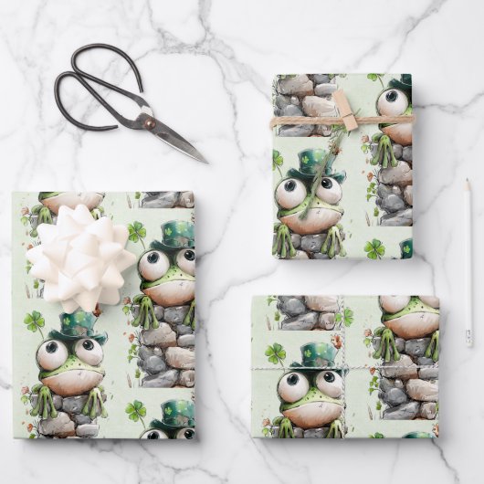 Frog with Green Hat and Shamrock Cute Pattern ラッピングペーパーシート (正面)