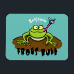 Frogs rule funny green frog cartoon マグネット<br><div class="desc">Frogs rule! Our funny green frog catching a fly is cute and cool!</div>