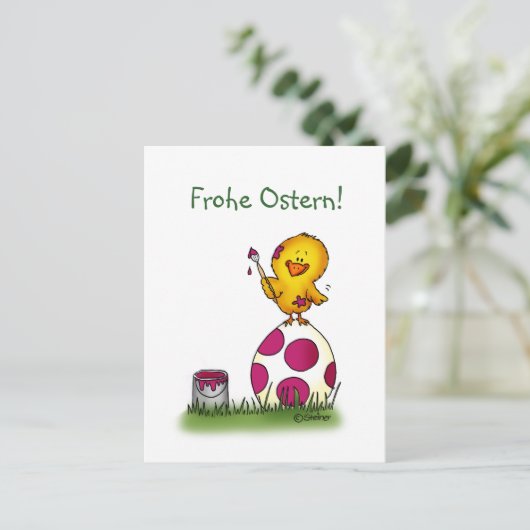 Frohe Ostern -ドイツのひよこおよびイースターエッグ シーズンポストカード (スタンド正面)