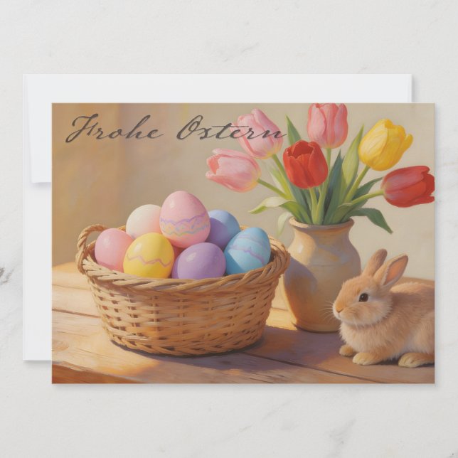 Frohe Ostern mit bunten Eiern und Tulpen (正面)