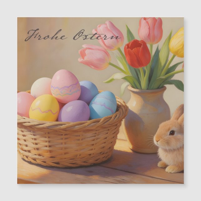 Frohe Ostern mit bunten Eiern und Tulpen (正面)