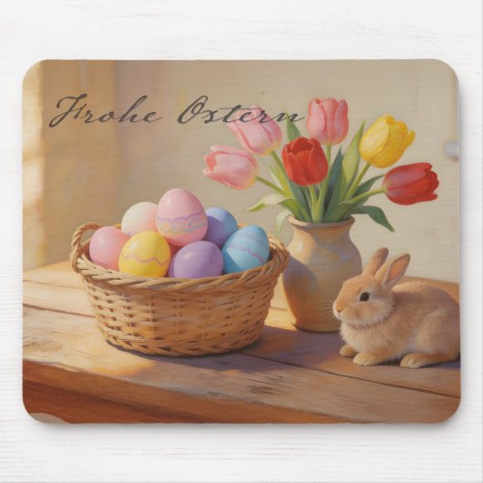 Frohe Ostern mit bunten Eiern und Tulpen マウスパッド (正面)