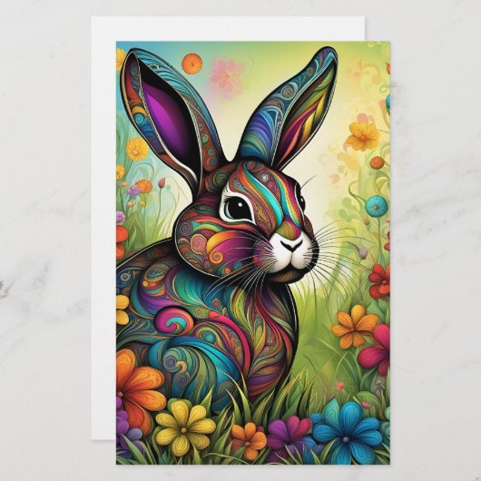 Frohe Ostern - Osterhase in Blumen 便箋 (正面/裏面)