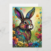 Frohe Ostern - Osterhase in Blumen 招待状 (正面/裏面)