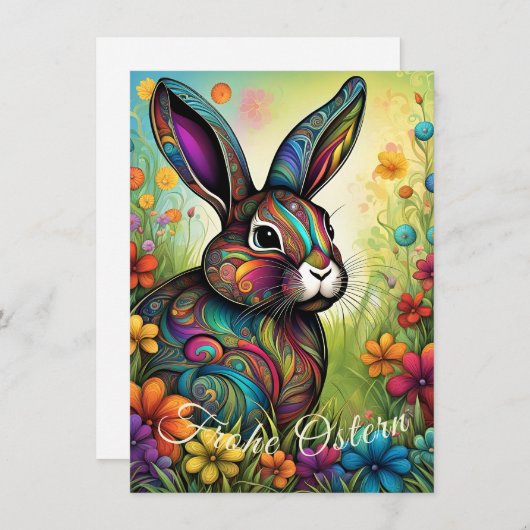 Frohe Ostern - Osterhase in Blumen 招待状 (正面/裏面)