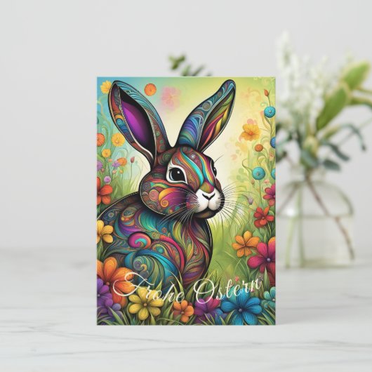 Frohe Ostern - Osterhase in Blumen 招待状 (スタンド正面)