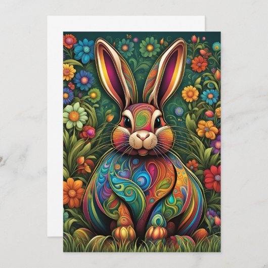 Frohe Ostern - Osterhase in Blumen 2 招待状 (正面/裏面)