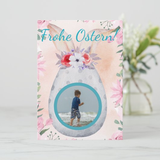 Frohe Ostern - silbernes Osterei mit Foto 招待状 (スタンド正面)