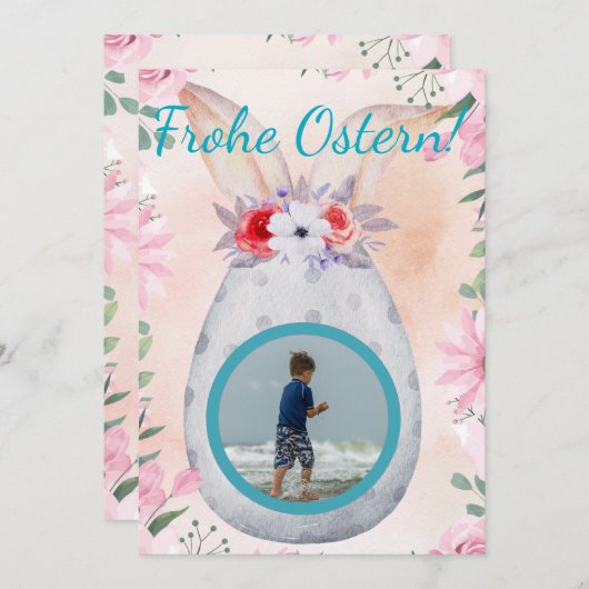Frohe Ostern - silbernes Osterei mit Foto 招待状 (正面/裏面)