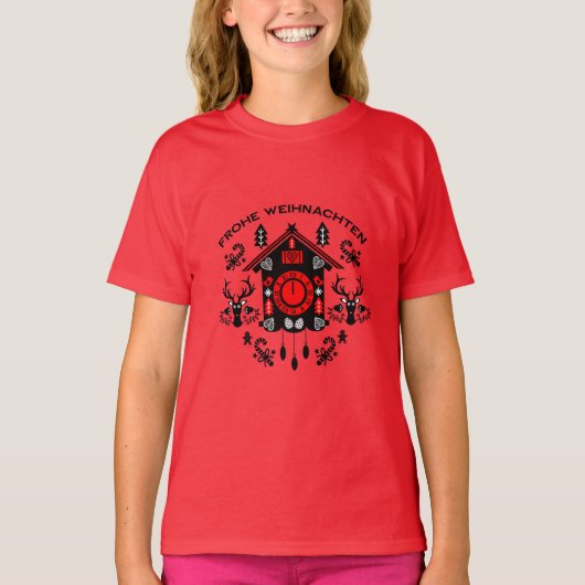 Frohe Weihnachenドイツのカッコウ時計 Tシャツ (正面)