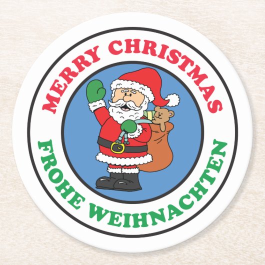 Frohe Weihnachenドイツのクリスマスサンタ ラウンドペーパーコースター (正面)