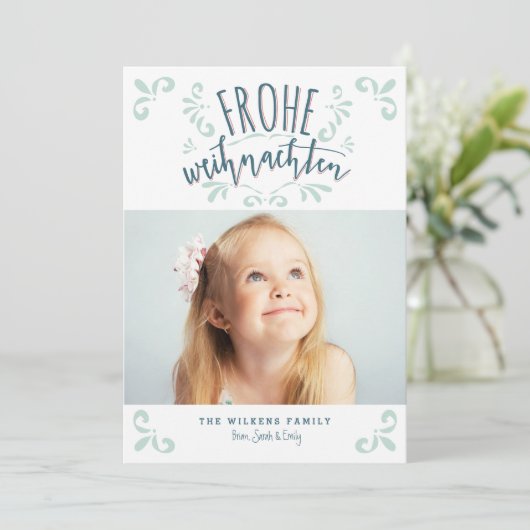 Frohe Weihnachenドイツ語トレンディー写真グリーティング 招待状 (スタンド正面)