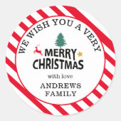 "Frohe Weihnachten" Stripes-Deer-Tree-Star ラウンドシール (正面)