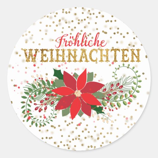 Frohliche Weihnachen金ゴールドグリッターポインセチアクリスマス ラウンドシール (正面)