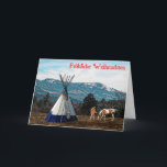 Frohliche Weihnachen - Winter Camp シーズンカード<br><div class="desc">太平洋北西部のティピの近くに先住民のアメリカ人とその馬のイメージ。背景の山々の高斜面に雪が定着している。ドイツの読文字「Frohliche Weihnachen」は赤で表示される。</div>