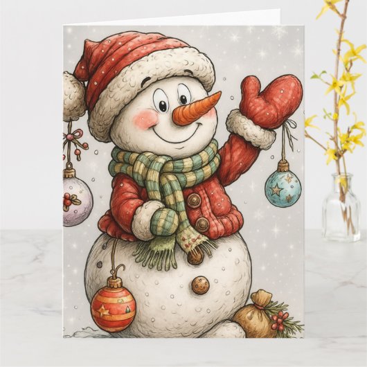 Fröhlicher Schneemann mit Weihnachtskugeln  カード (黄色い花)