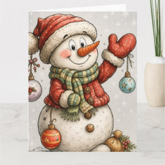 Fröhlicher Schneemann mit Weihnachtskugeln カード
