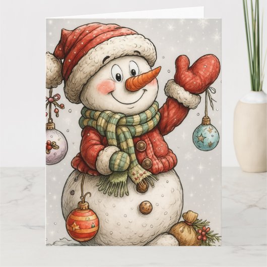 Fröhlicher Schneemann mit Weihnachtskugeln  カード (正面)