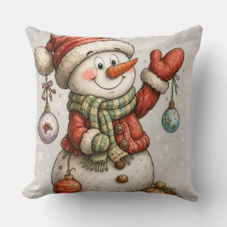 Fröhlicher Schneemann mit Weihnachtskugeln クッション