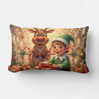Fröhlicher Weihnachts-Elf & Rentier ランバークッション