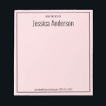 From the Desk of Your Name 淡い色の Pink & Black文字 ノートパッド<br><div class="desc">メモ帳の机の上に黒いディスプレイ文字がある。受信者の名前の大きな黒い表示文字が上部に表示される。下部に小さい黒の文字が表示さ連絡れ、電子メールアドレスや電話番号などの情報が表示される。黒縁どい四角だ。紙は薄桃色。</div>