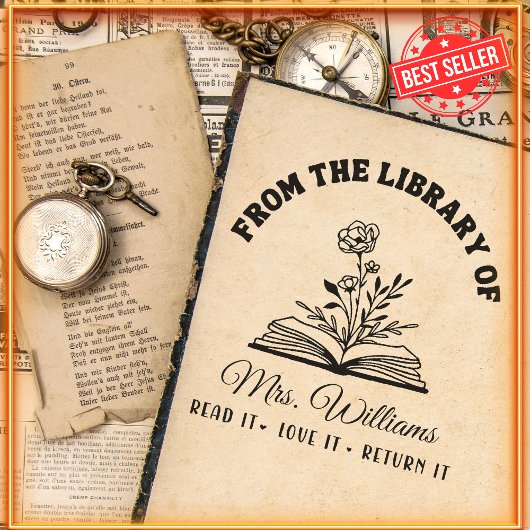 From The Library Of | 本の上のバラの花 先生 セルフインキングスタンプ