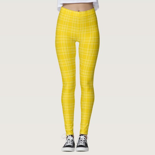 Front and back view of vibrant yellow checkered  レギンス (正面)