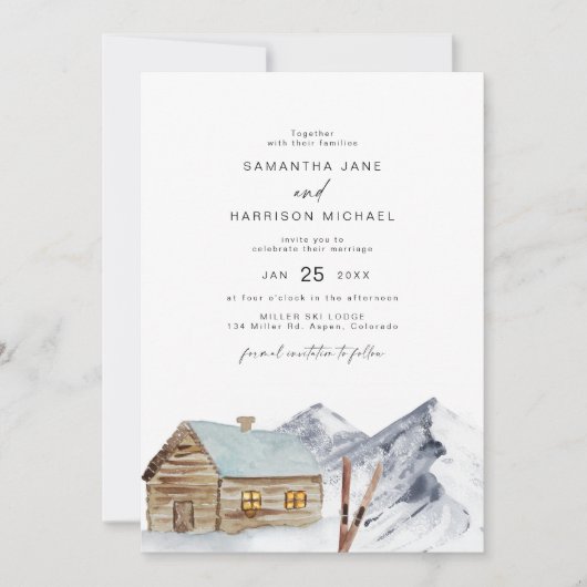 FROSTマウンテンスキーキャビン雪の冬の結婚式 招待状 (正面)