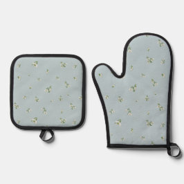 Frost Blue Japanese Snowdrop Floral Pattern 鍋つかみ&鍋敷きセット