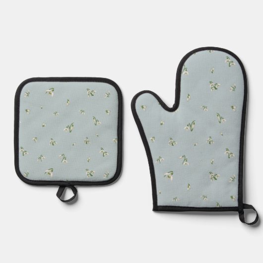 Frost Blue Japanese Snowdrop Floral Pattern 鍋つかみ&鍋敷きセット (正面)