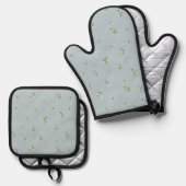 Frost Blue Japanese Snowdrop Floral Pattern 鍋つかみ&鍋敷きセット (正面/裏面)